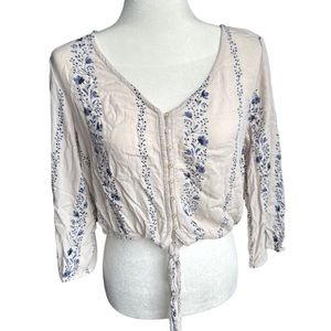 Large White Blouse With Blue Floral Designs Sheer Pattern